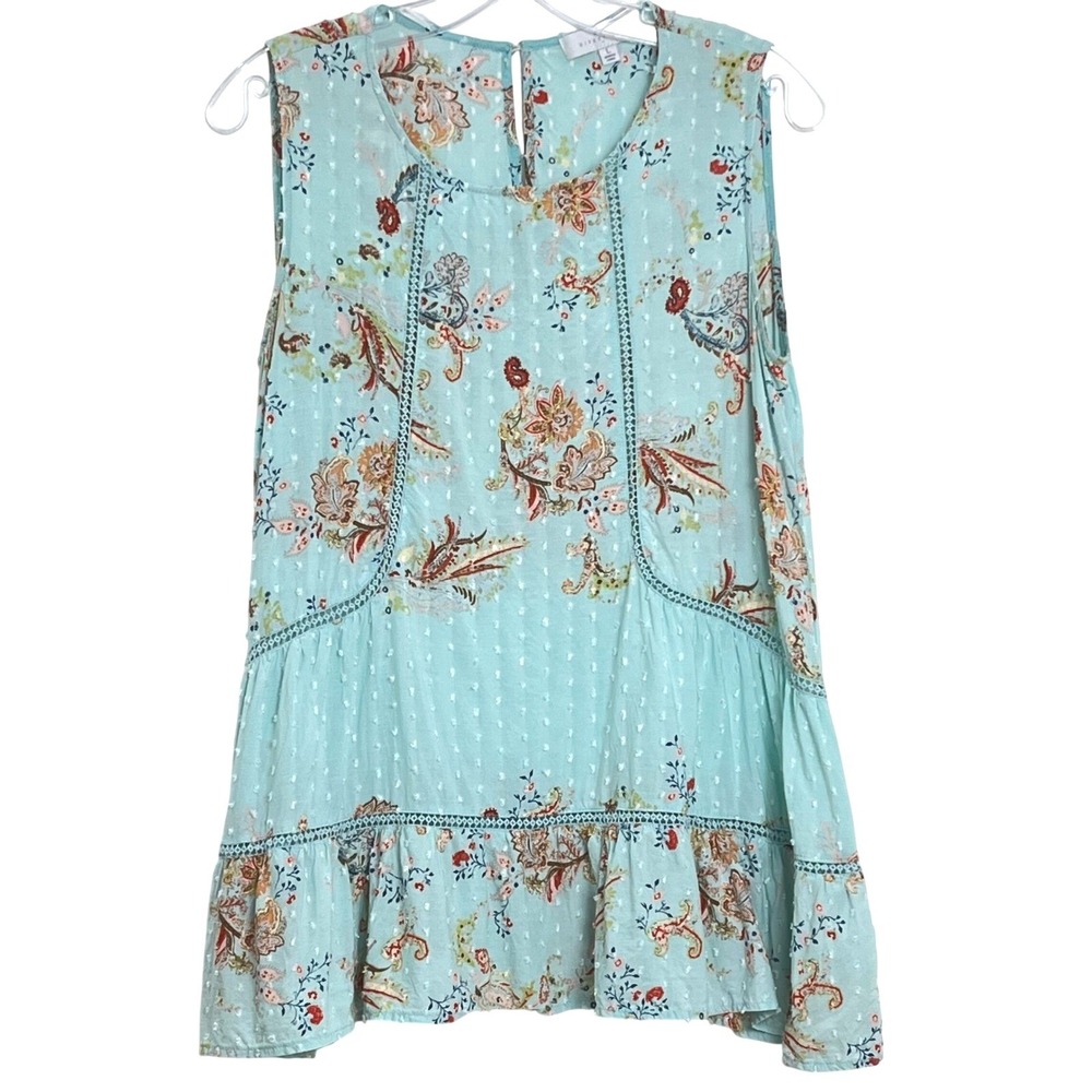 New Directions Women Tank Top Blouse Size L Blue Floral Paisley Swiss Dot Boho